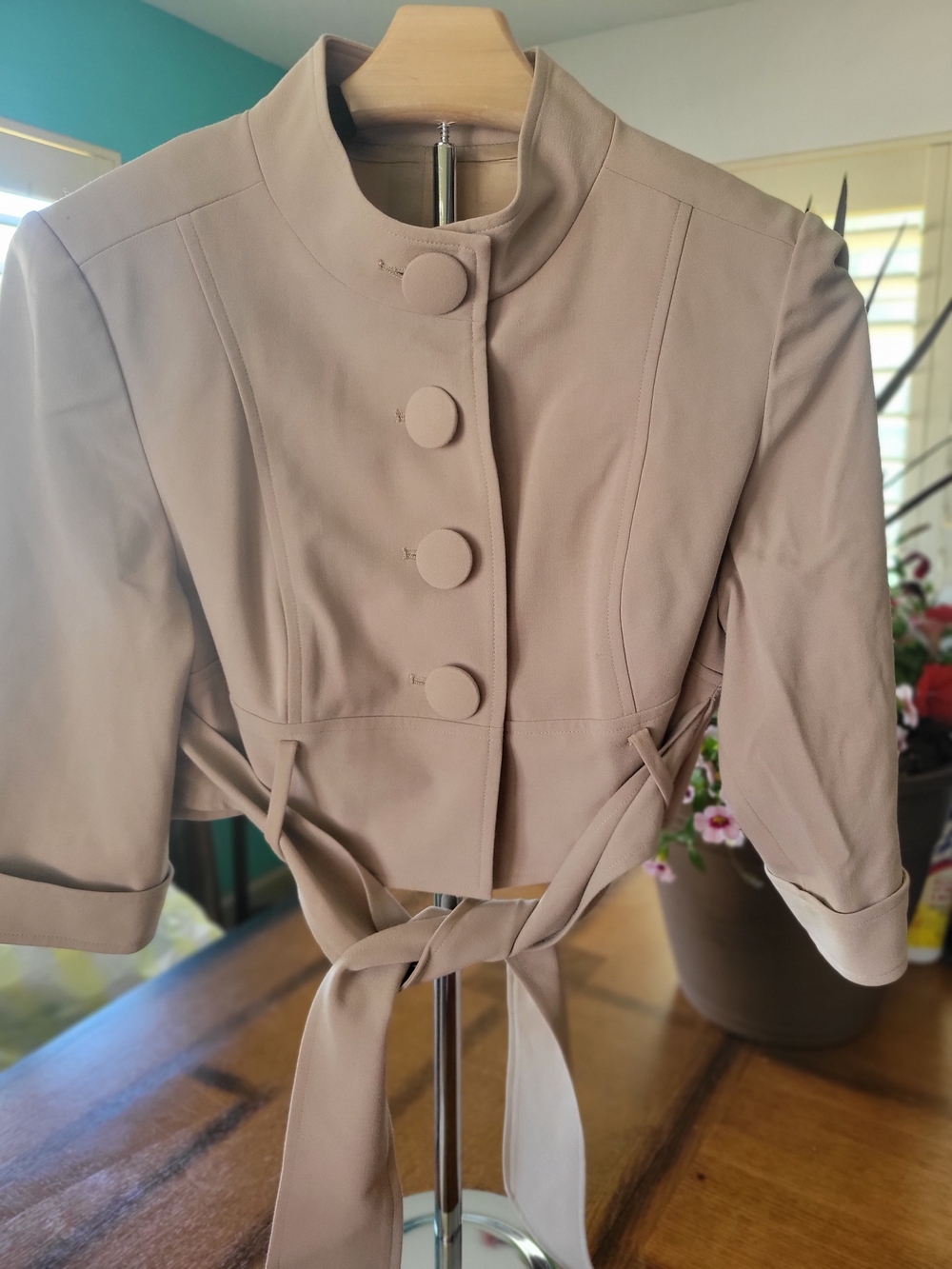 Womens Beige Cropped Belted Blazer Jacket